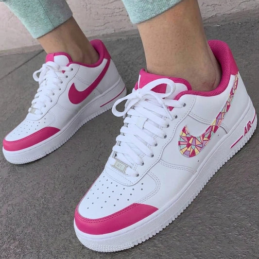 Custom AF 1s Shoes Geometric Mosaic Swoosh Pink
