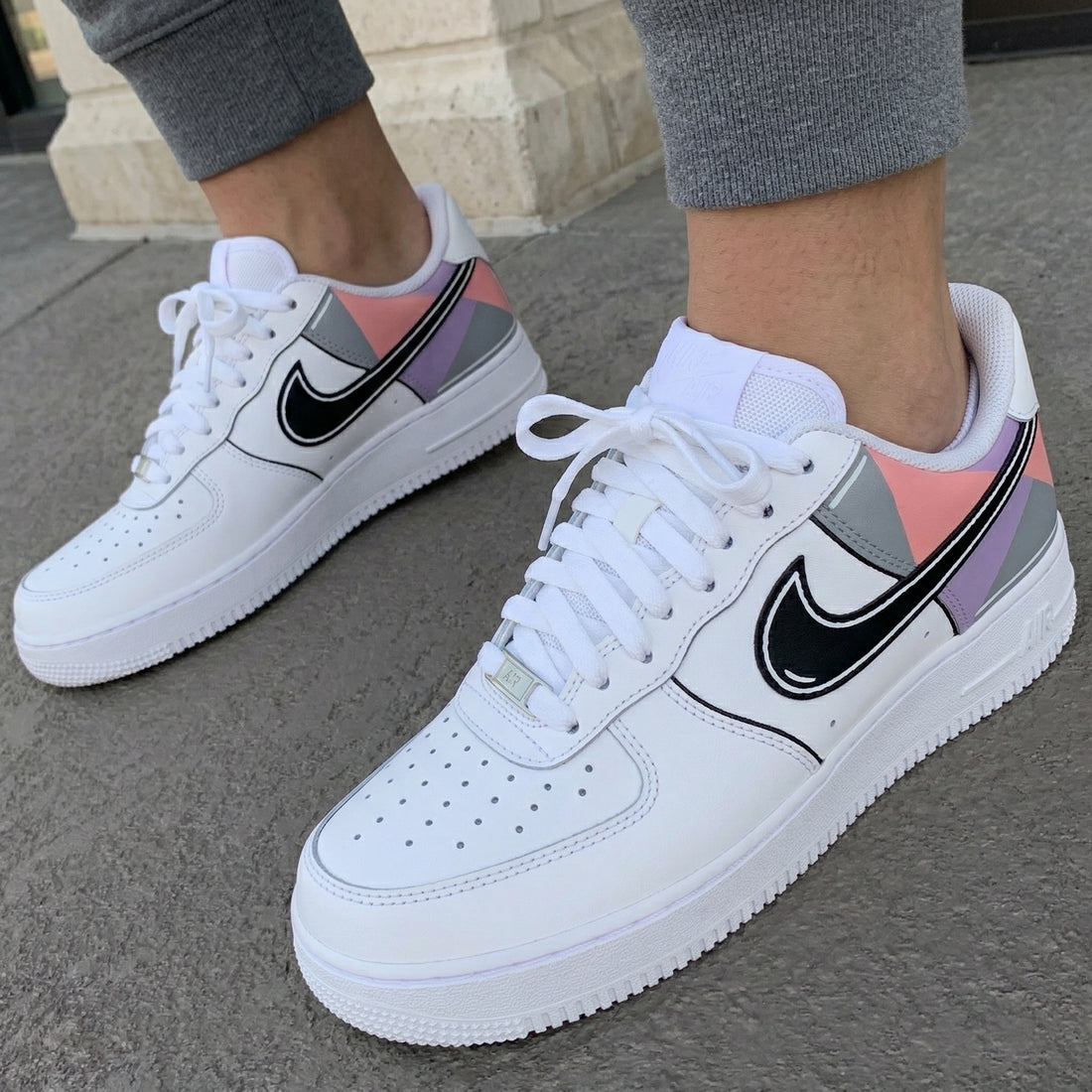 Custom AF 1s Shoes Geometric Pattern Baby Pink Gray Purple
