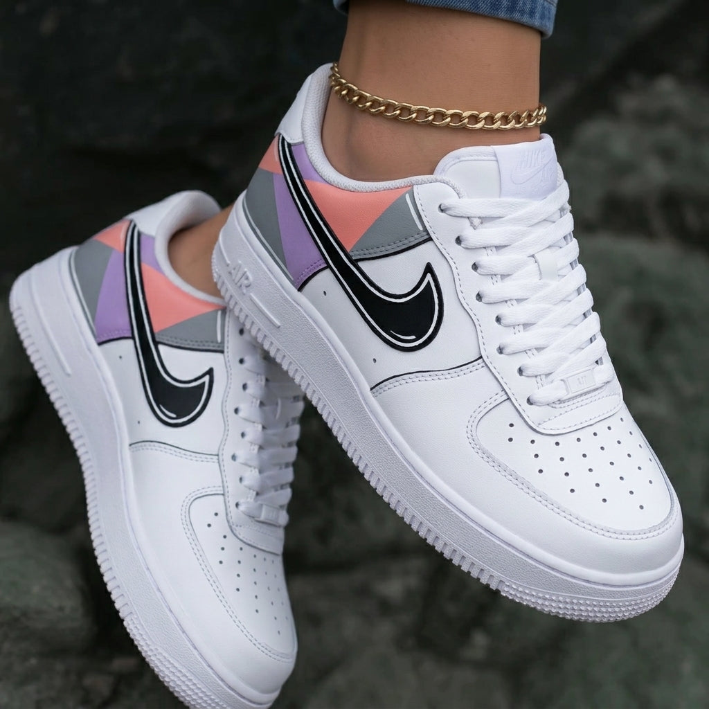 Custom AF 1s Shoes Geometric Pattern Baby Pink Gray Purple