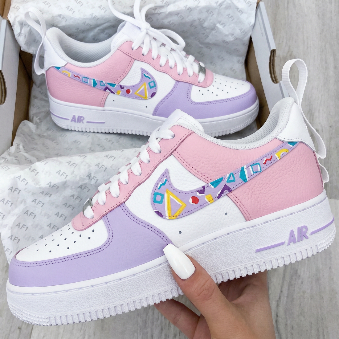 Custom AF 1s Shoes Geometric Patterns Baby Pink Purple