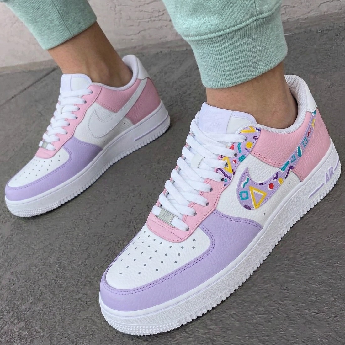 Custom AF 1s Shoes Geometric Patterns Baby Pink Purple