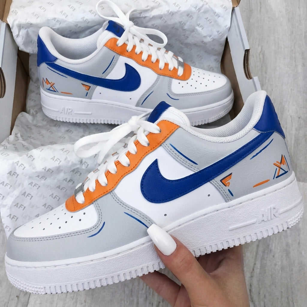 Custom AF 1s Shoes Geometric Patterns Lines Gray Orange Blue