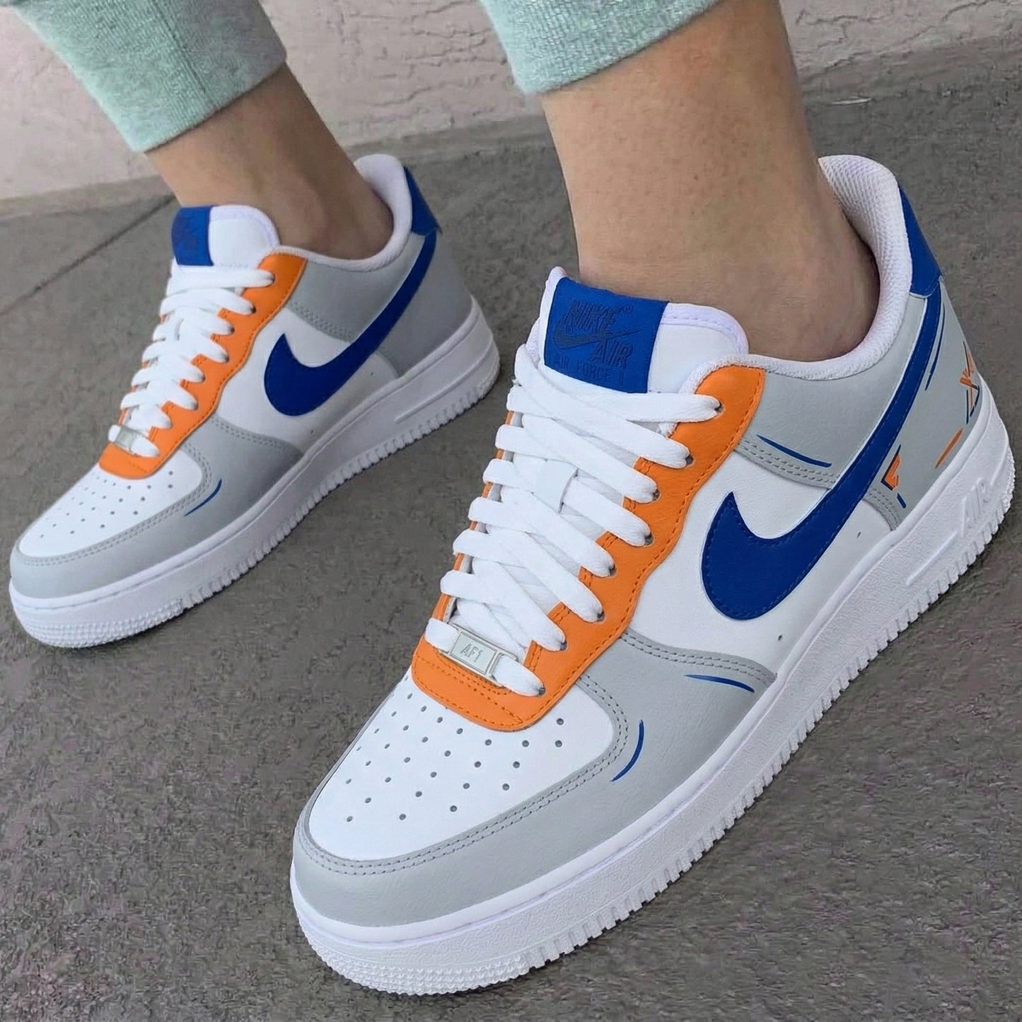 Custom AF 1s Shoes Geometric Patterns Lines Gray Orange Blue