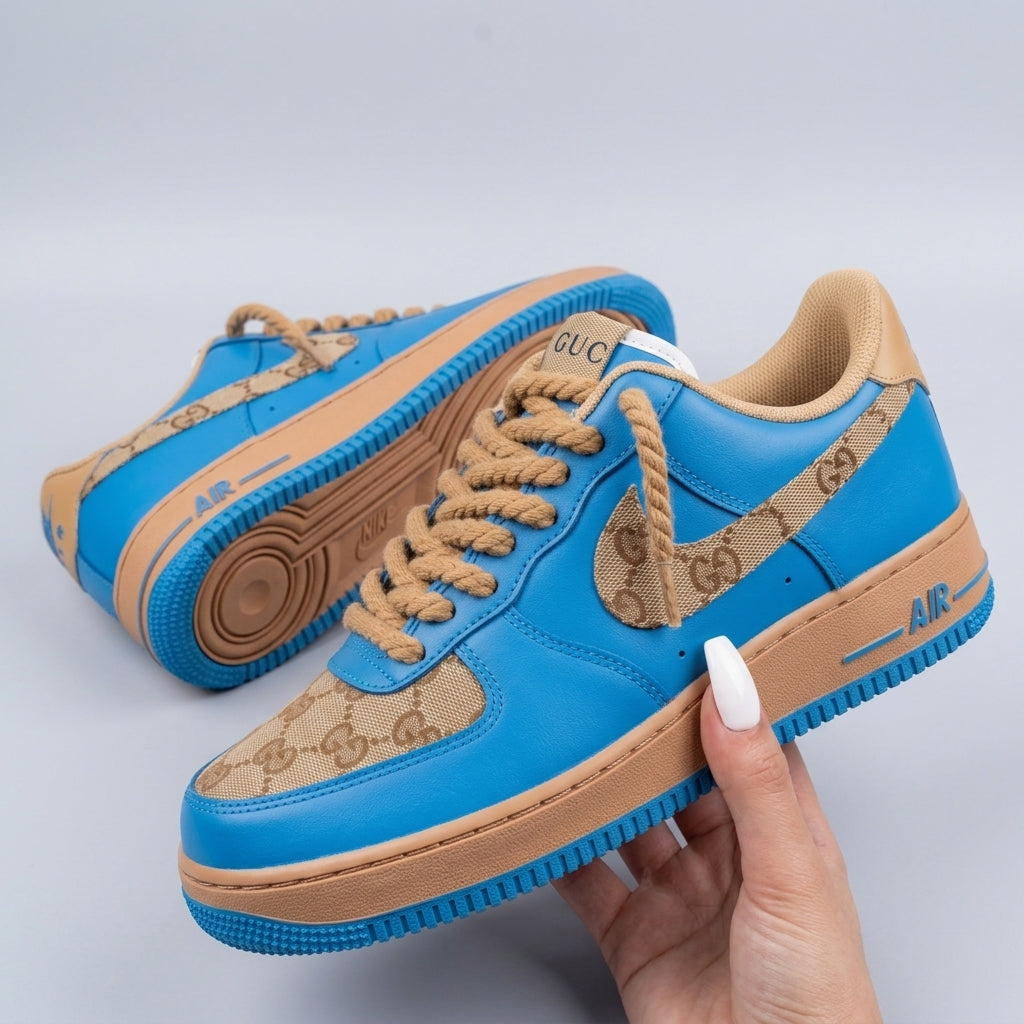 Custom AF 1s Shoes GG Monogram Blue Khaki