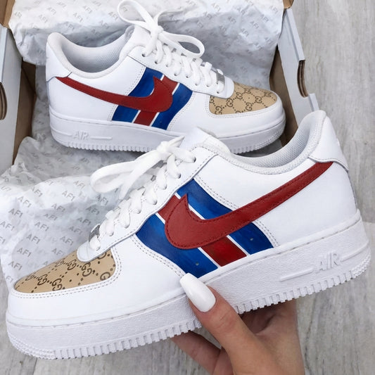 Custom AF 1s Shoes GG Monogram Red Blue Beige