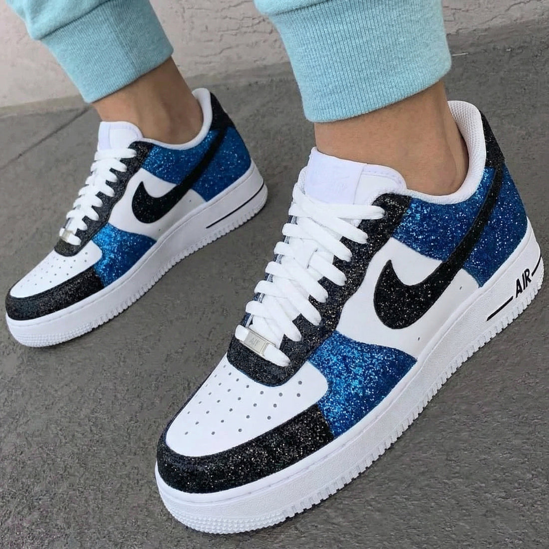 Custom AF 1s Shoes Glitter Blue Black