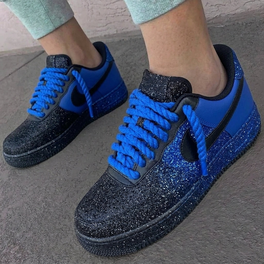 Custom AF 1s Shoes Glitter Blue Black Rope Laces