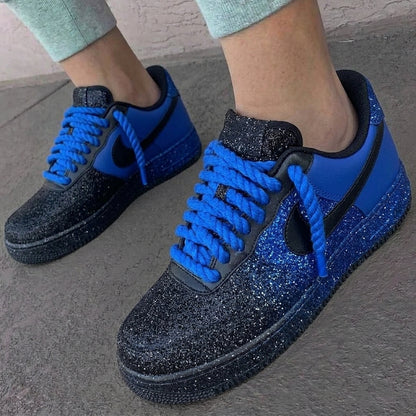 Custom AF 1s Shoes Glitter Blue Black Rope Laces