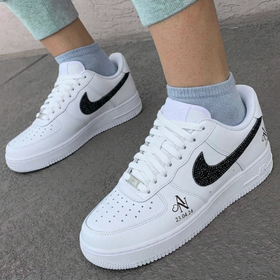 Custom AF 1s Shoes Glitter Swoosh Monogram Date White And Black