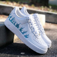 Custom AF 1s Shoes Glittery Blue Flames Design