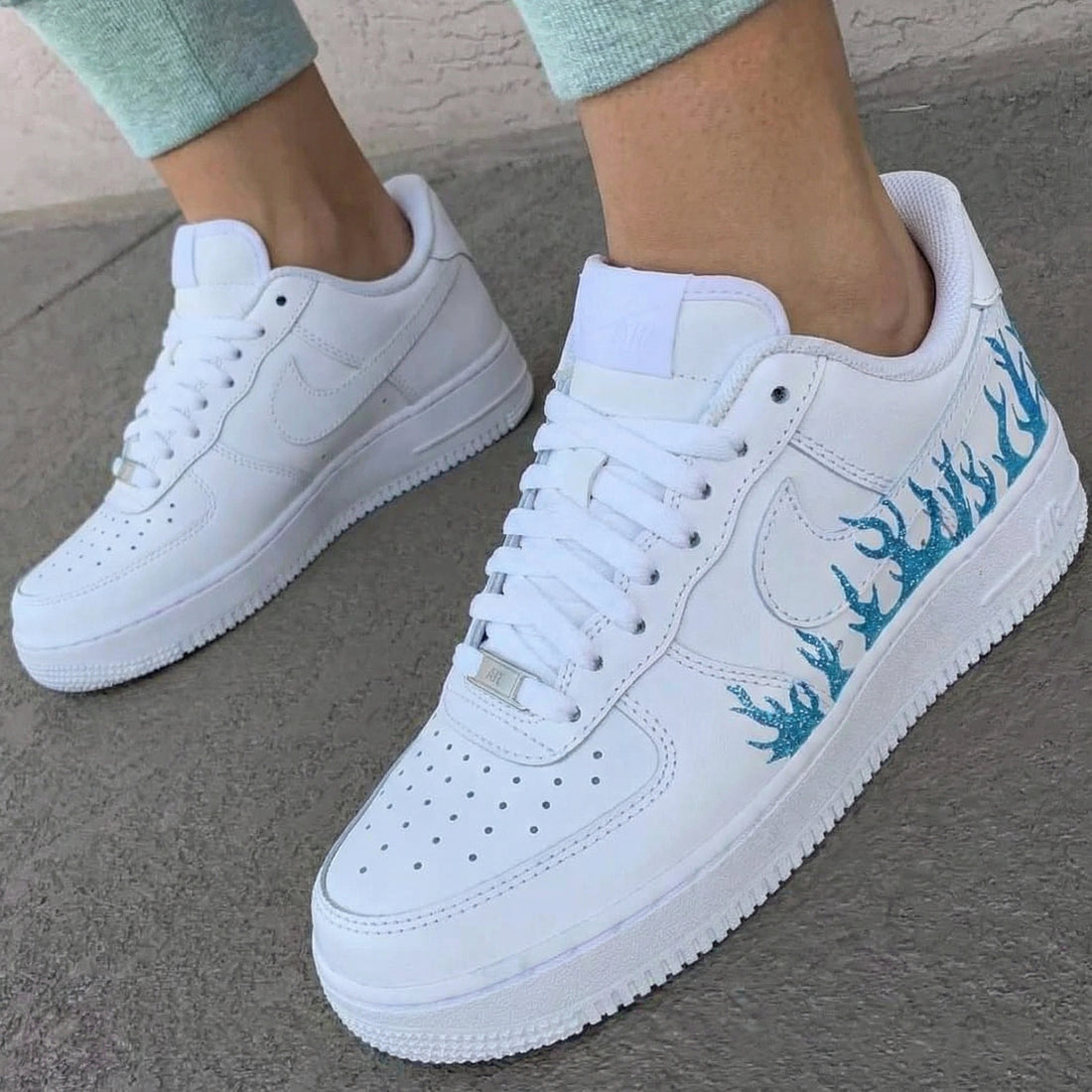Custom AF 1s Shoes Glittery Blue Flames Design