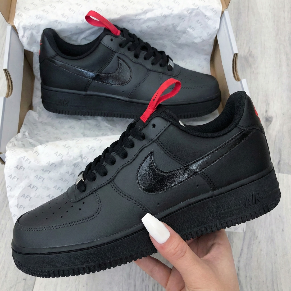 Custom AF 1s Shoes Glossy Swoosh Black Red