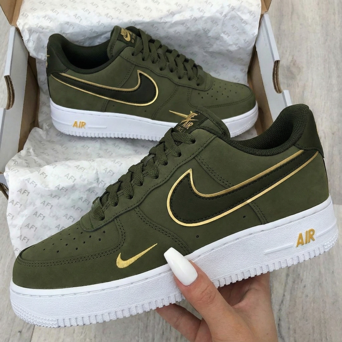 Custom AF 1s Shoes Gold Accents Olive Green White
