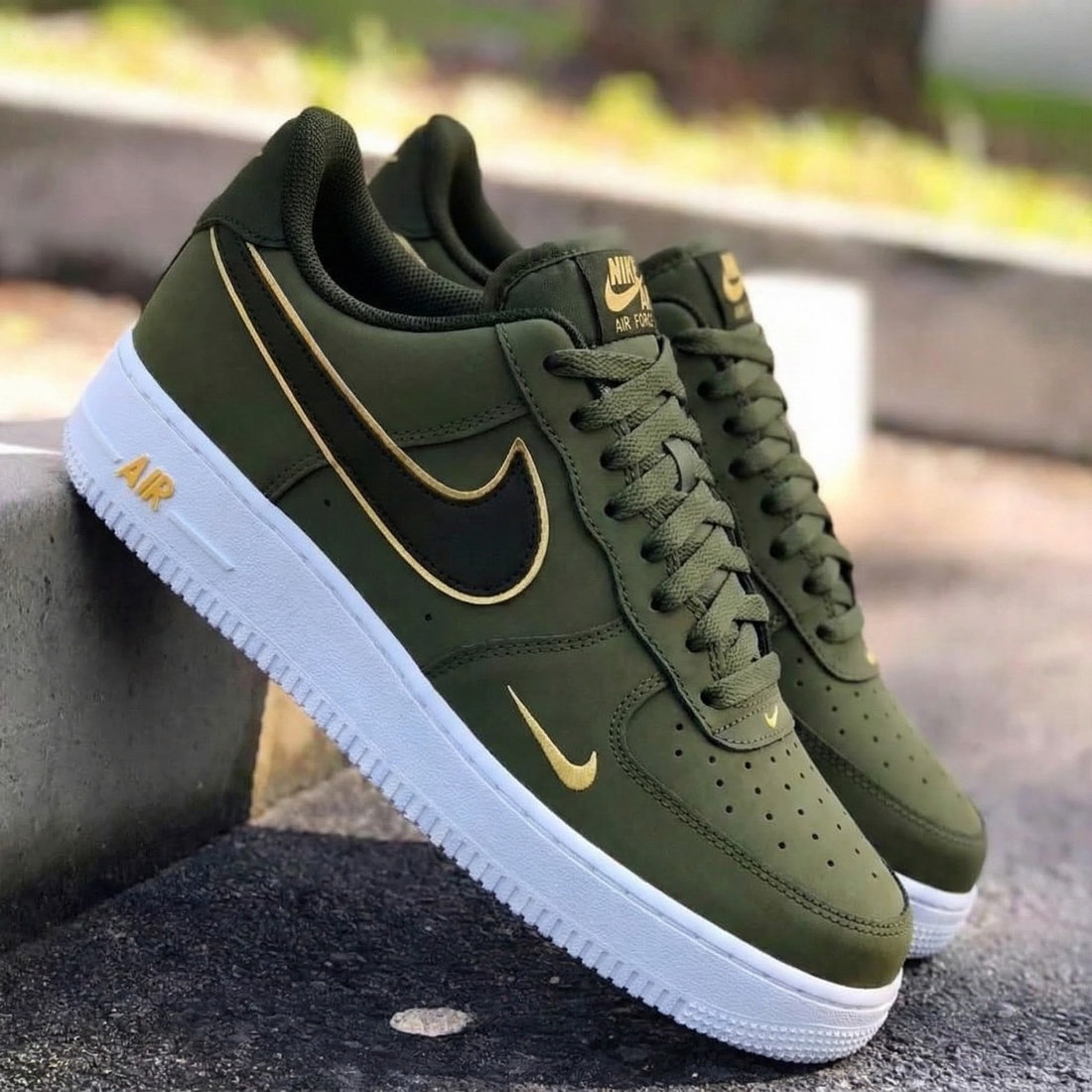 Custom AF 1s Shoes Gold Accents Olive Green White