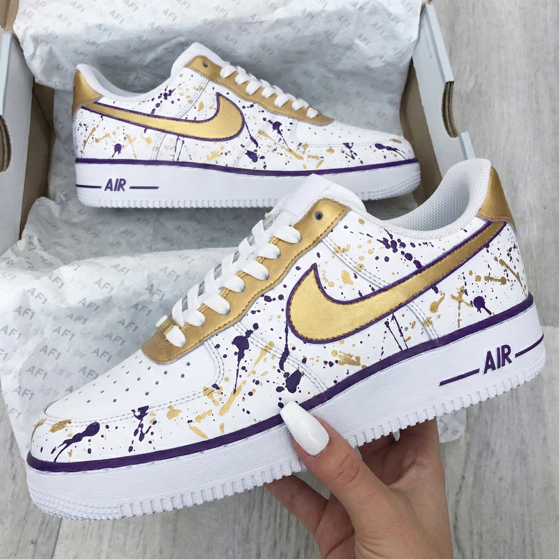 Custom AF 1s Shoes Gold Purple Splatter Pattern