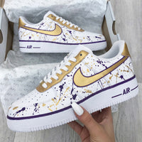 Custom AF 1s Shoes Gold Purple Splatter Pattern