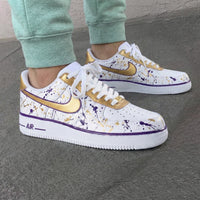 Custom AF 1s Shoes Gold Purple Splatter Pattern
