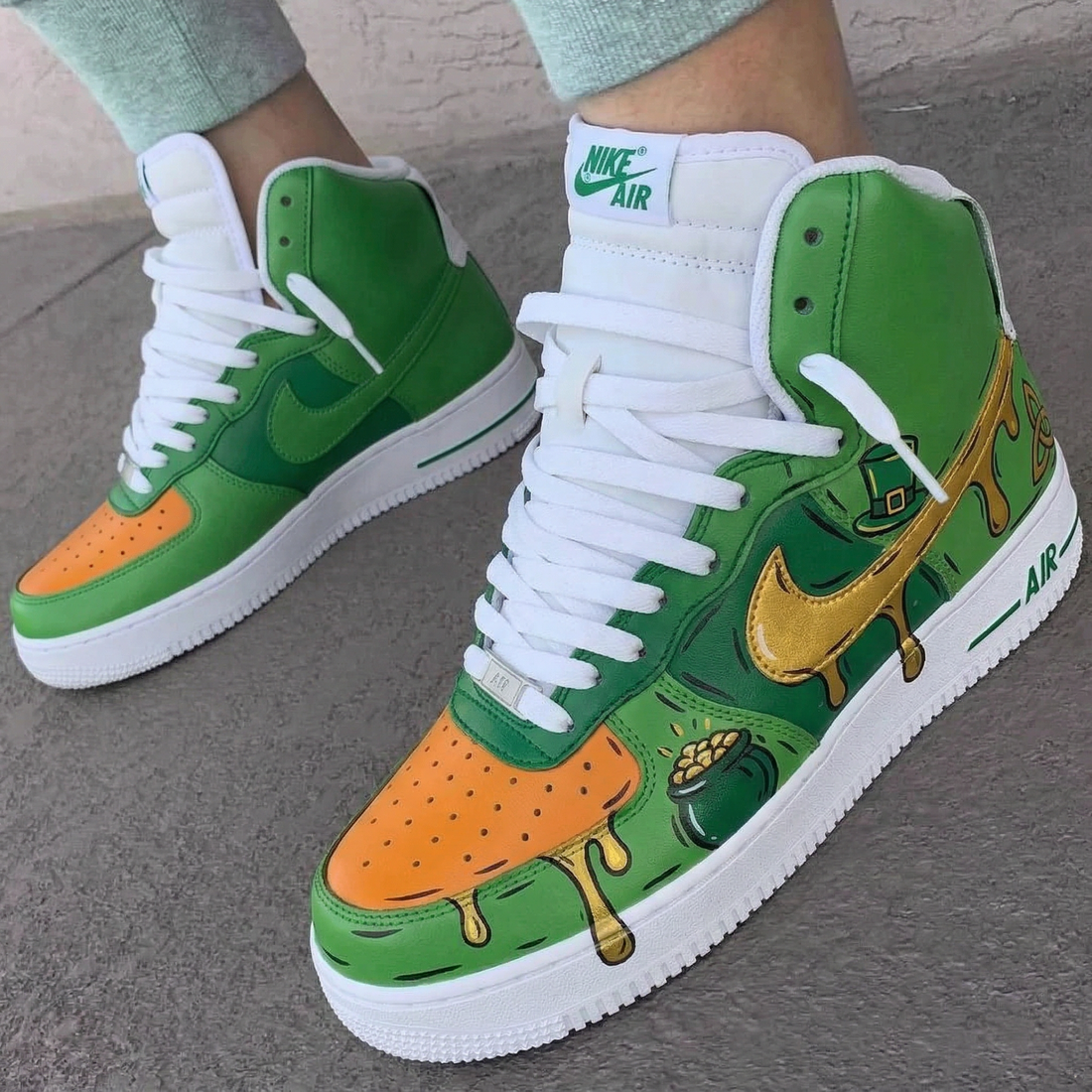 Custom AF 1s Shoes Golden Drip Pot Of Gold Leprechaun Hat Green Orange Gold