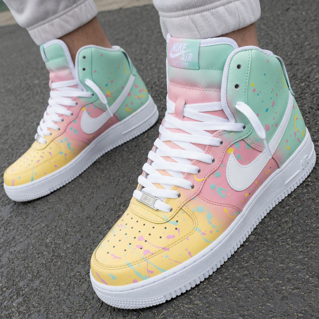 Custom AF 1s Shoes Gradient Colorful Splashes Macaron Green Pink Yellow