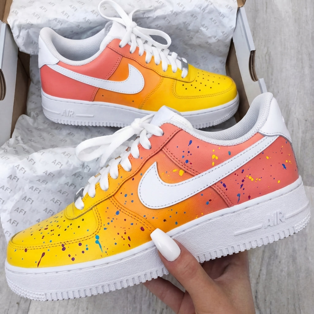 Custom AF 1s Shoes Gradient Paint Splatter Coral Orange Yellow