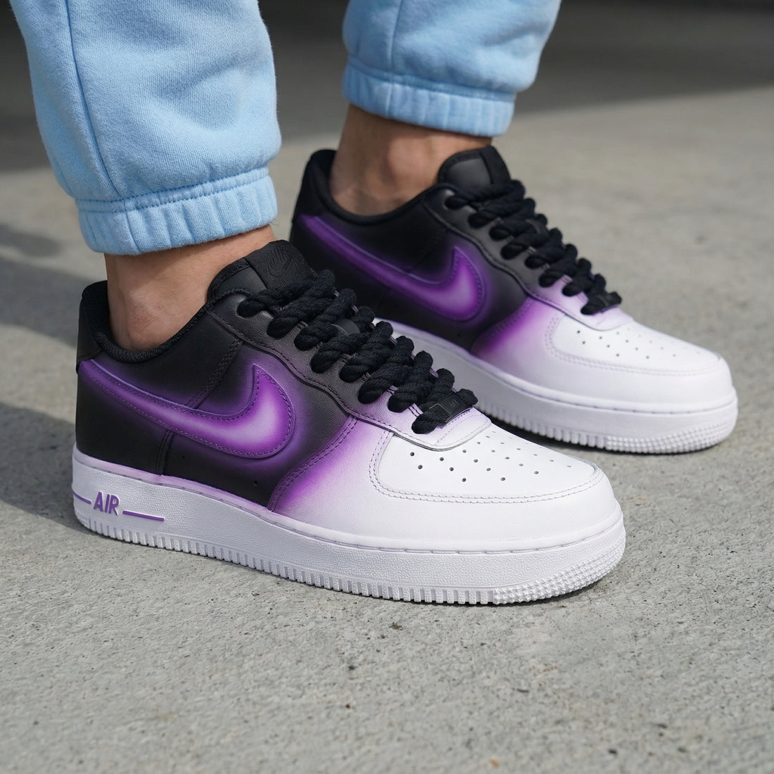 Custom AF 1s Shoes Gradient Purple Black Thick Shoelaces