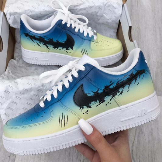 Custom AF 1s Shoes Gradient Scratch Splatter Swoosh Blue Yellow