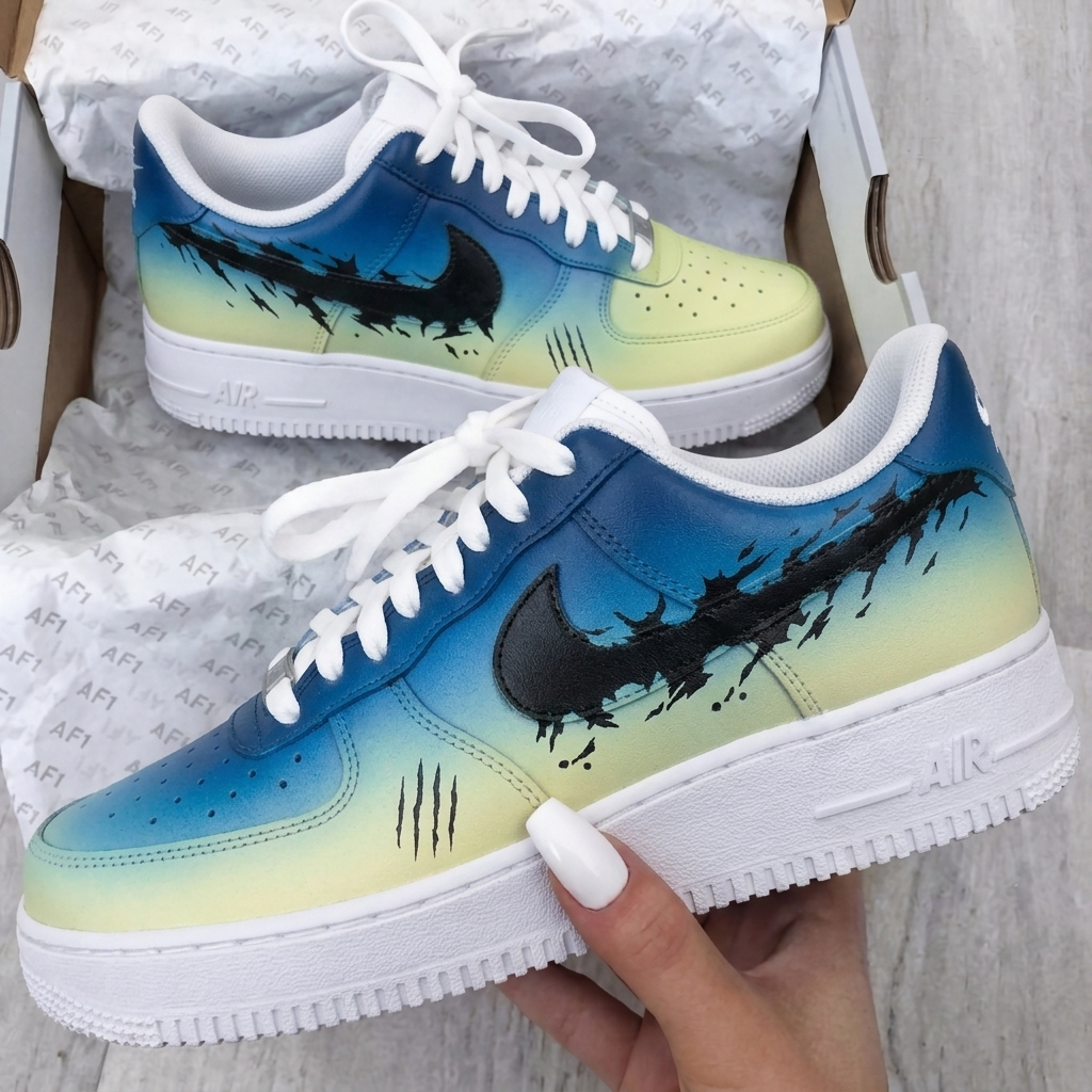 Custom AF 1s Shoes Gradient Scratch Splatter Swoosh Blue Yellow