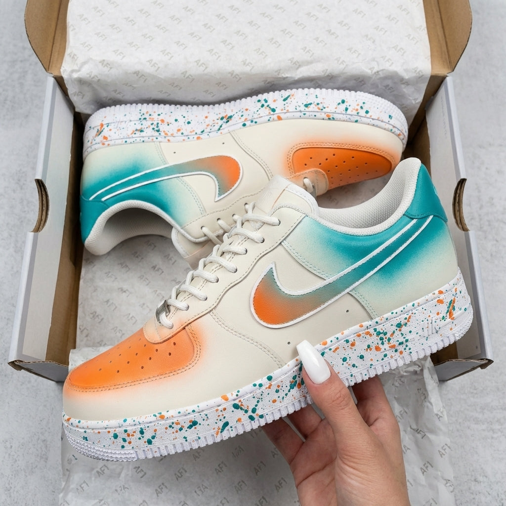 Custom AF 1s Shoes Gradient Splatter Orange Teal