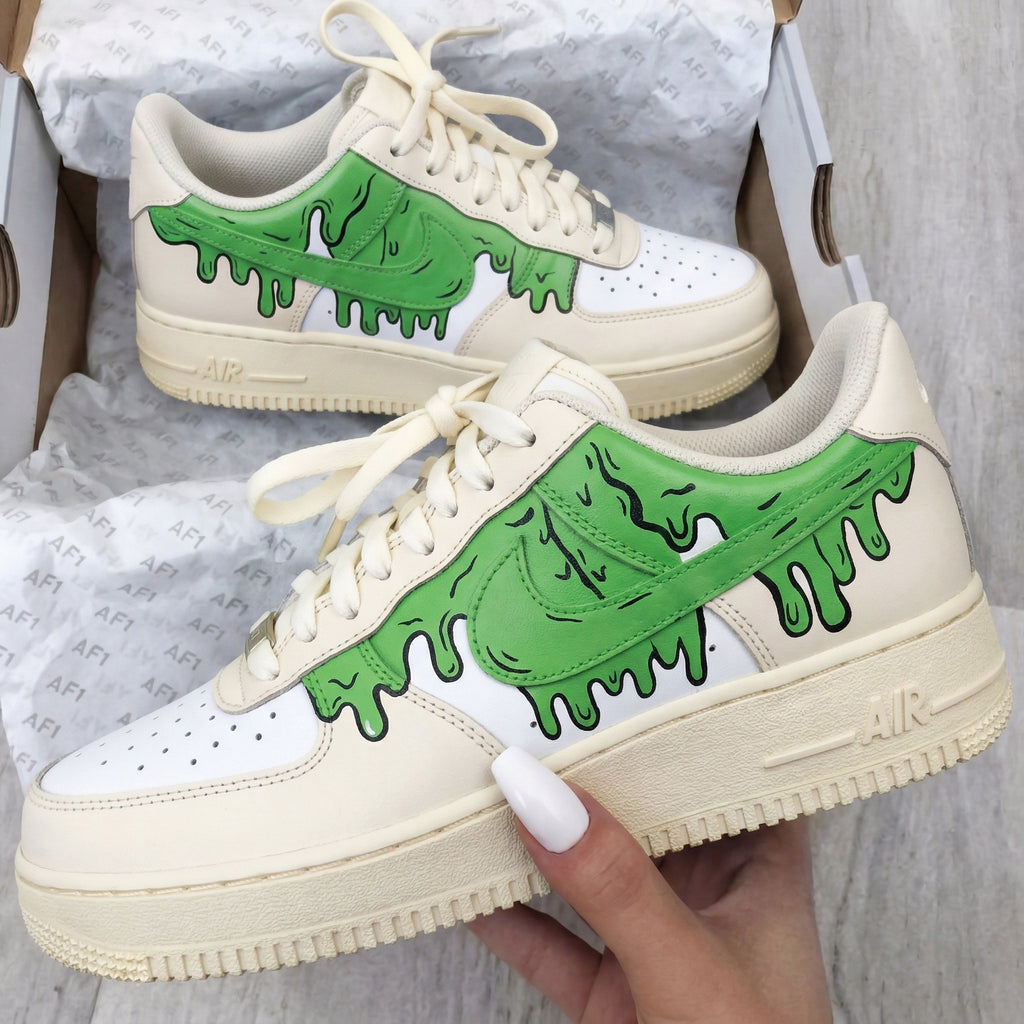 Custom AF 1s Shoes Green Dripping Pattern Cream Green