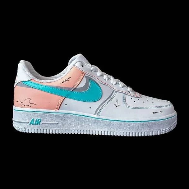Custom AF 1s Shoes Heart Anchor Pattern Baby Pink Teal