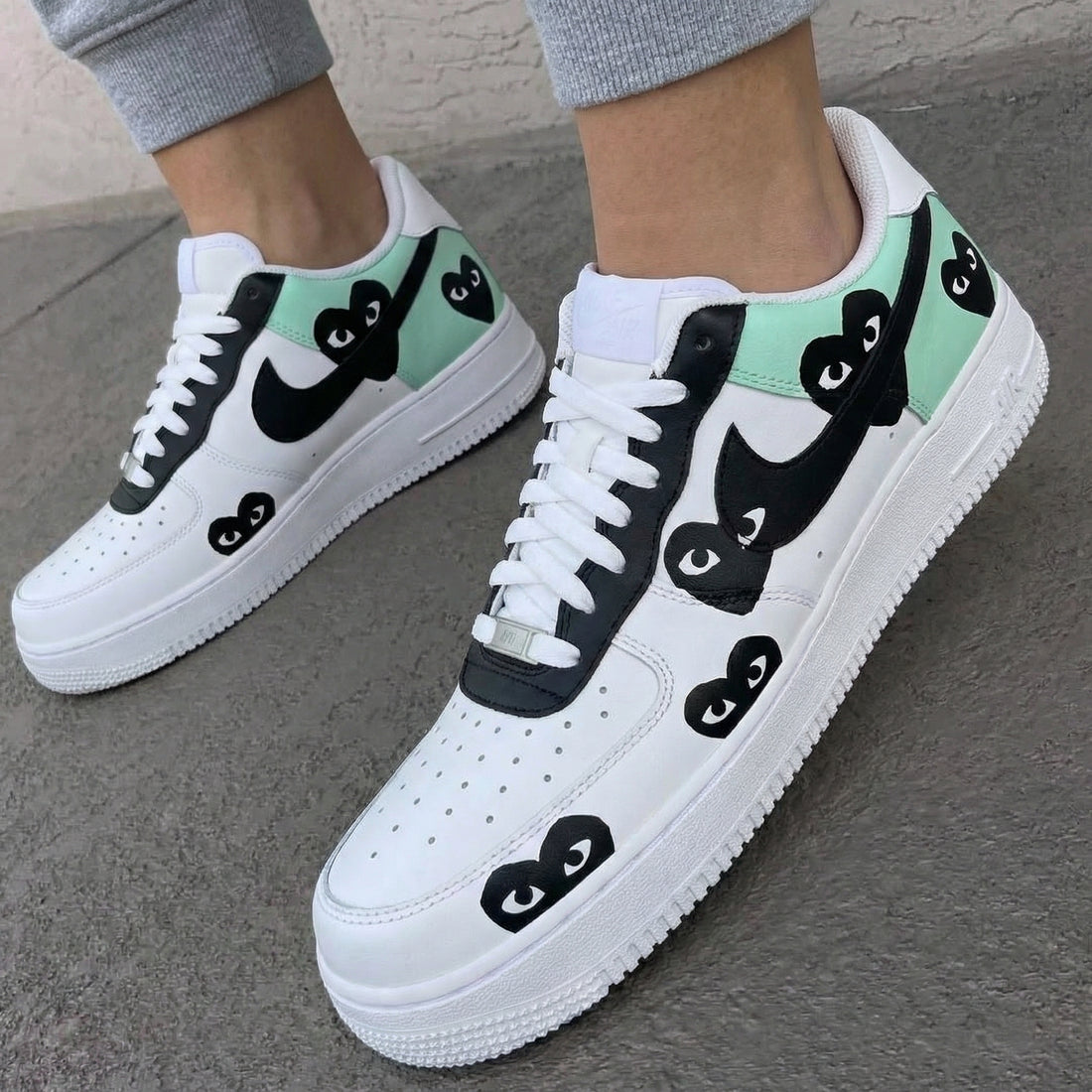 Custom AF 1s Shoes Heart - eyed Pattern Mint Black
