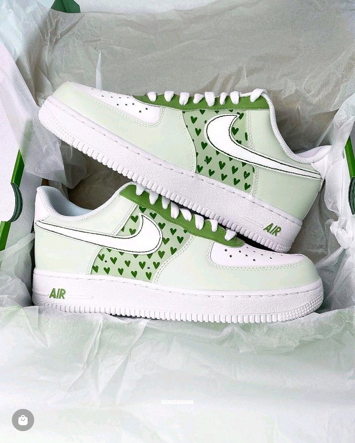Custom AF 1s Shoes Heart Pattern Green Mint