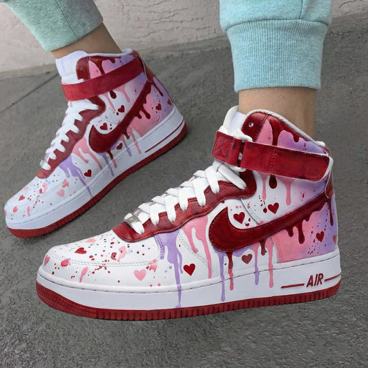 Custom AF 1s Shoes Heart Pattern Pink Maroon