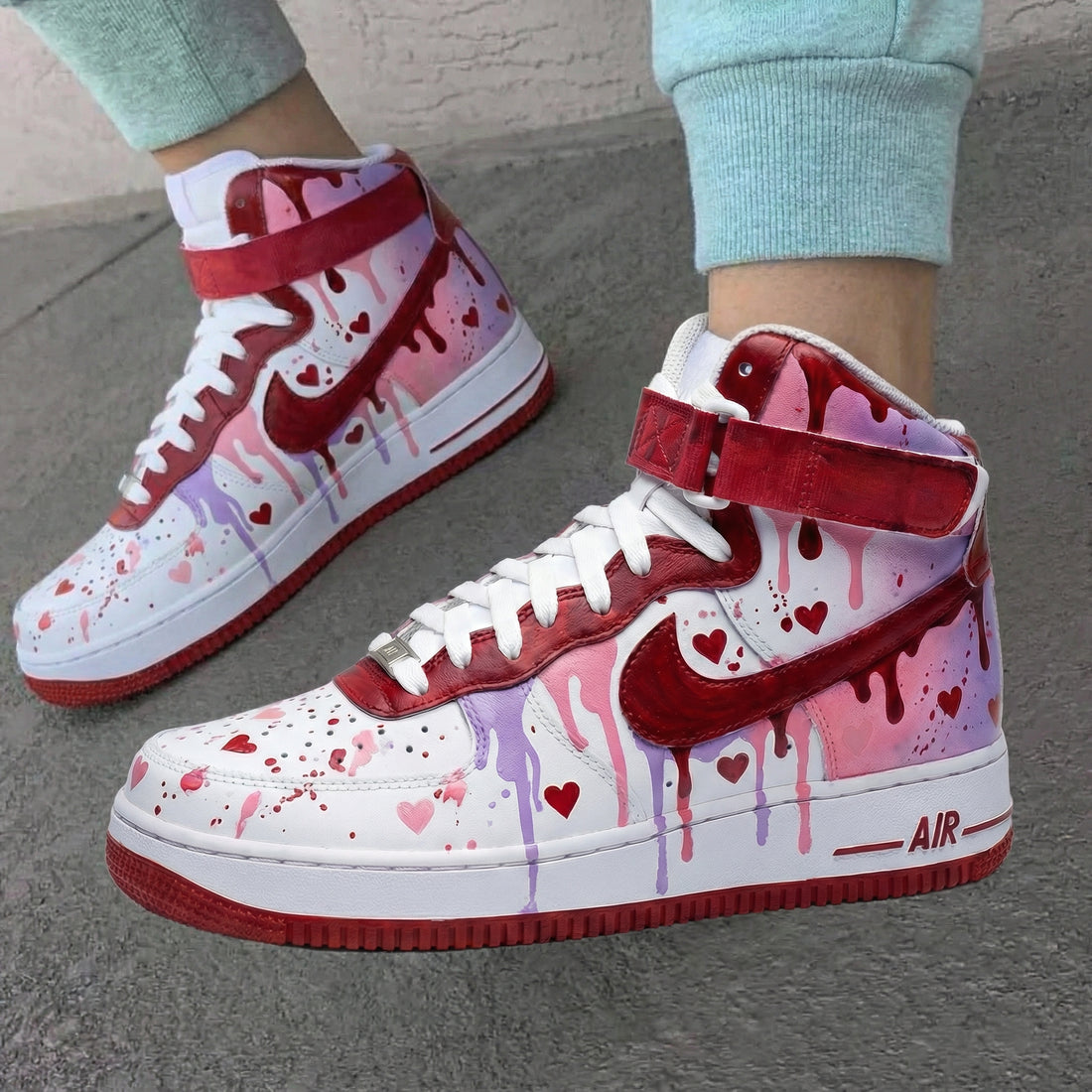 Custom AF 1s Shoes Heart Pattern Pink Maroon