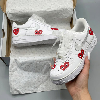Custom AF 1s Shoes Heart Pattern Silver Red