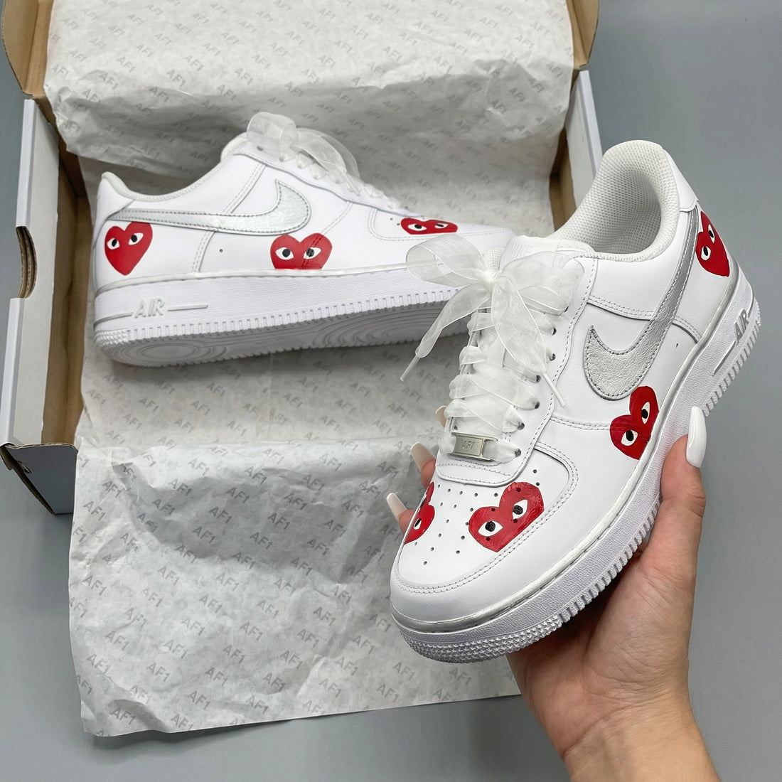 Custom AF 1s Shoes Heart Pattern Silver Red