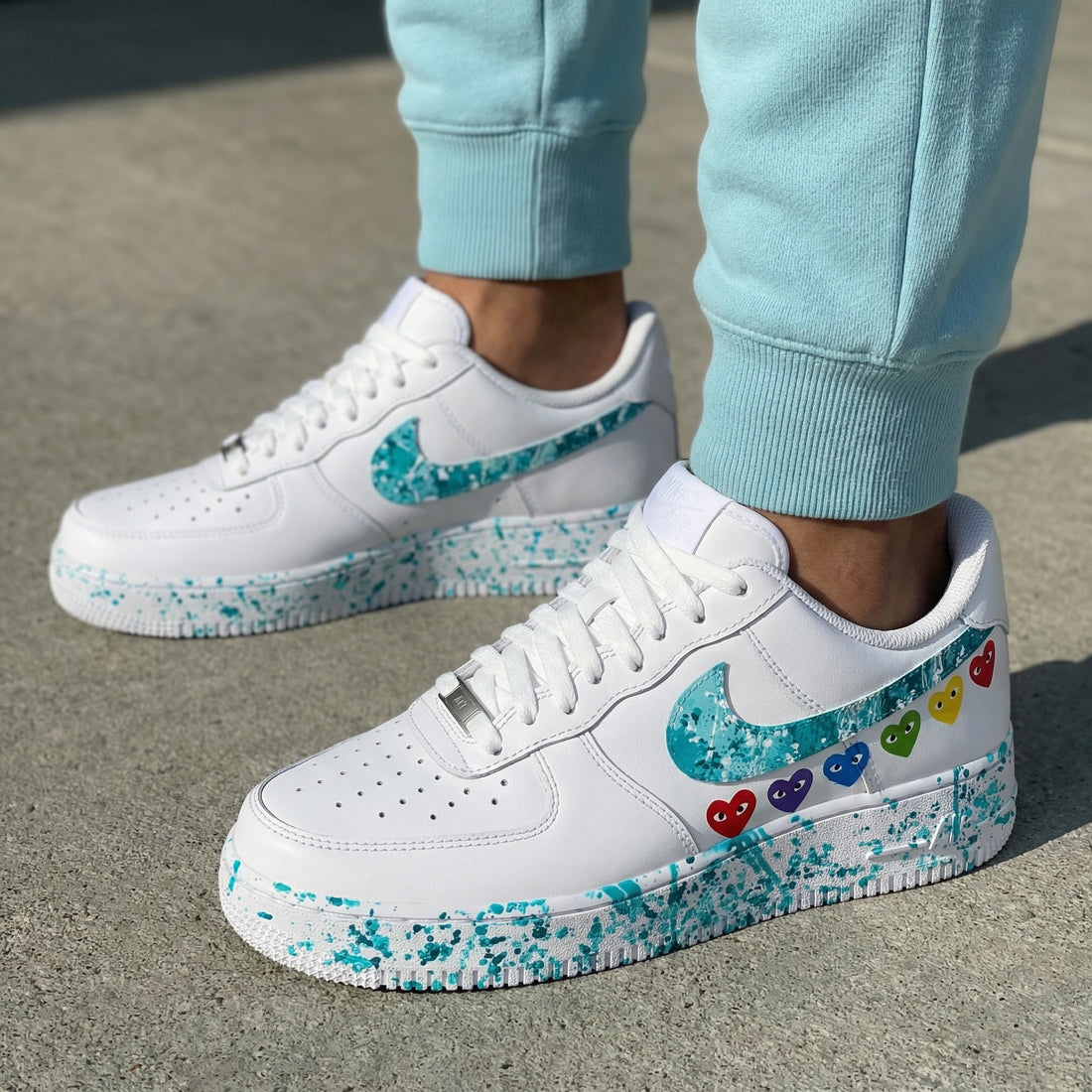 Custom AF 1s Shoes Heart Pattern Teal Color