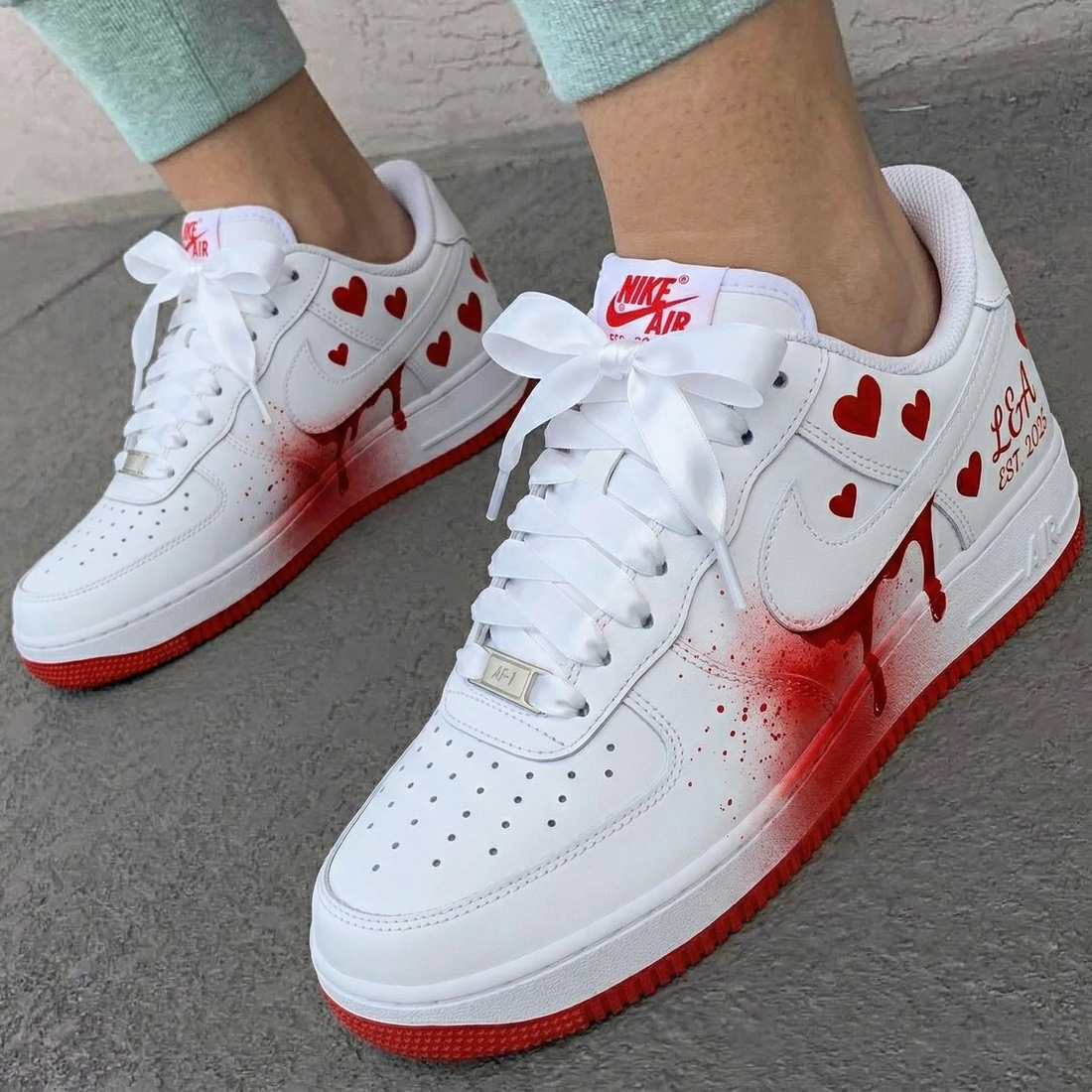 Custom AF 1s Shoes Hearts Blood Drips Satin Bows White Red