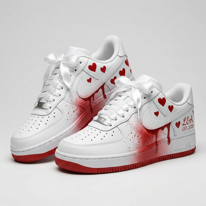 Custom AF 1s Shoes Hearts Blood Drips Satin Bows White Red