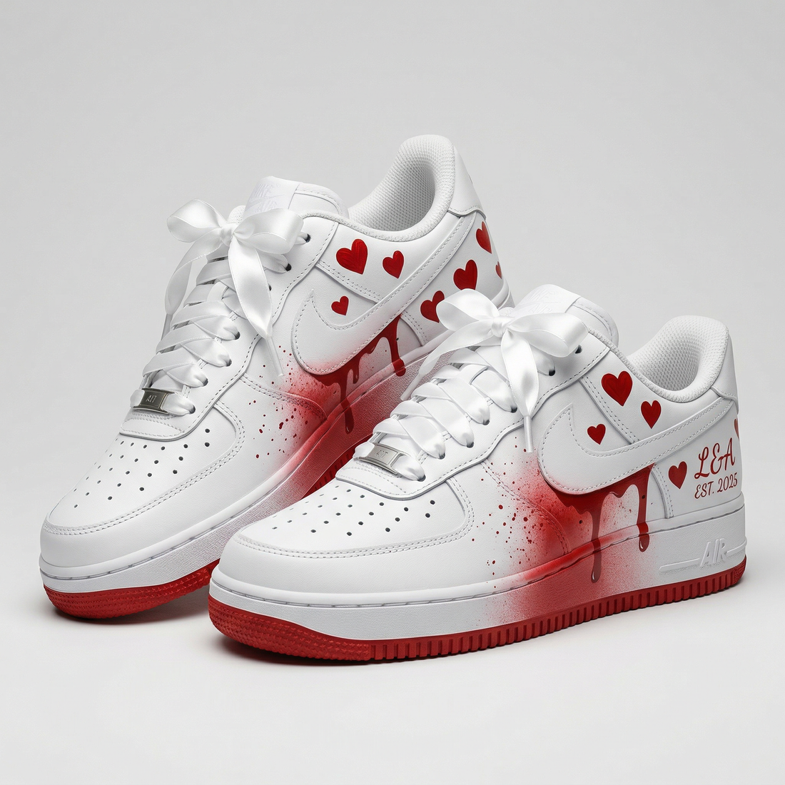 Custom AF 1s Shoes Hearts Blood Drips Satin Bows White Red