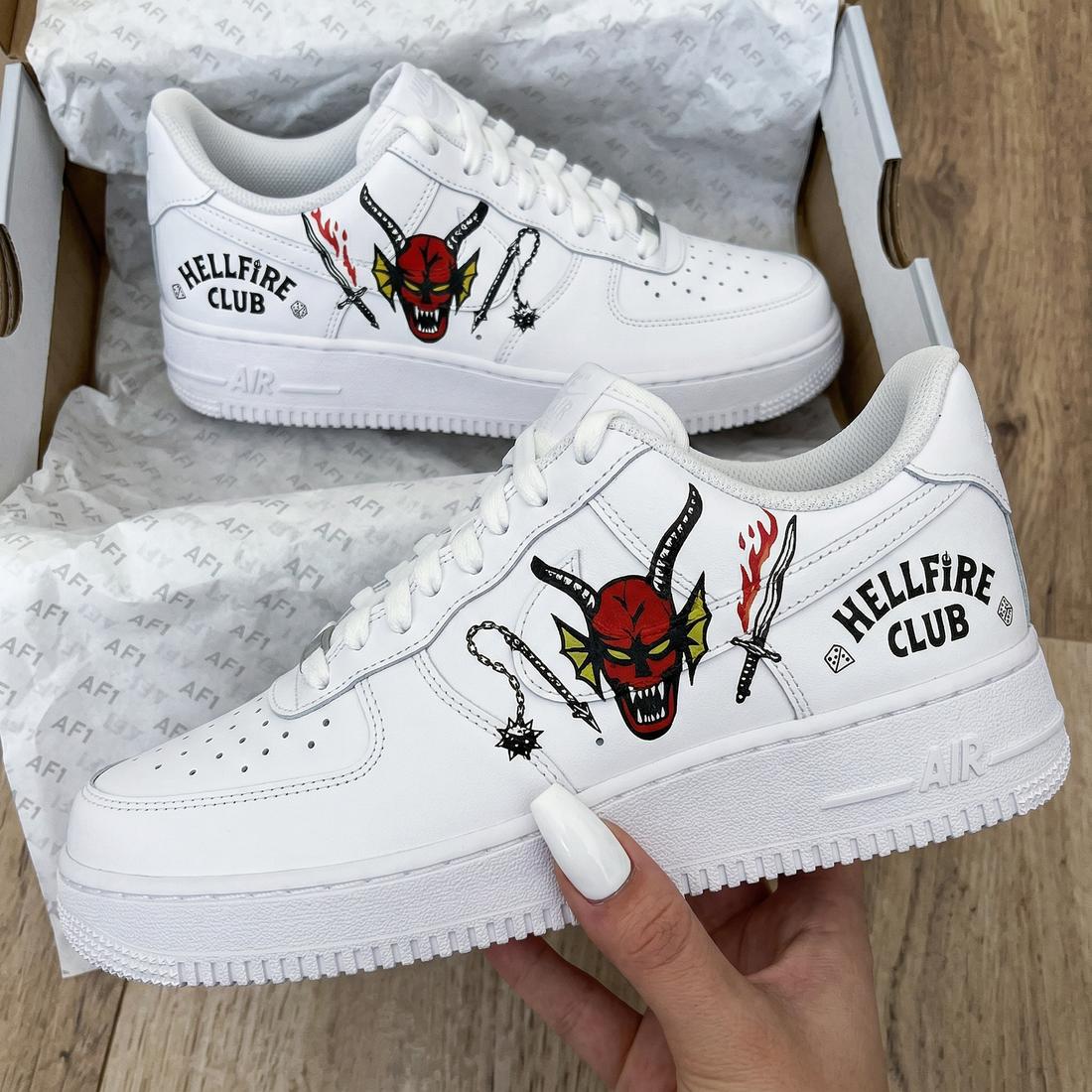 Custom AF 1s Shoes Hellfire Club Demon Sword Chain Red Black Yellow