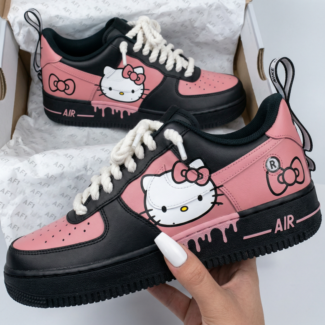 Custom AF 1s Shoes Hello Kitties Bows Pink Black