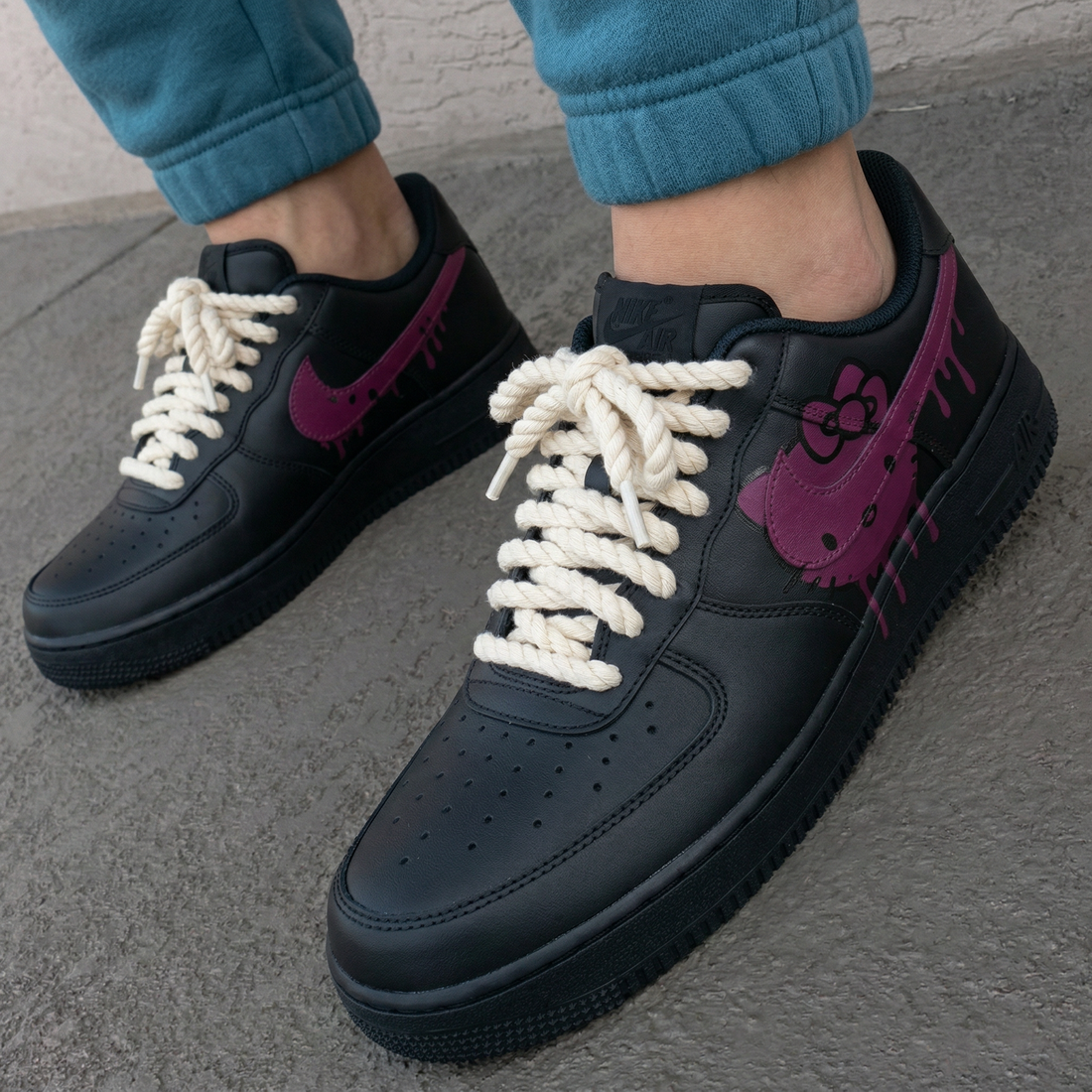 Custom AF 1s Shoes Hello Kitty Drip Design Black Purple