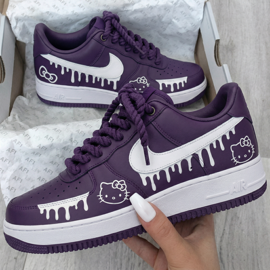 Custom AF 1s Shoes Hello Kitty Drip Pattern Purple White
