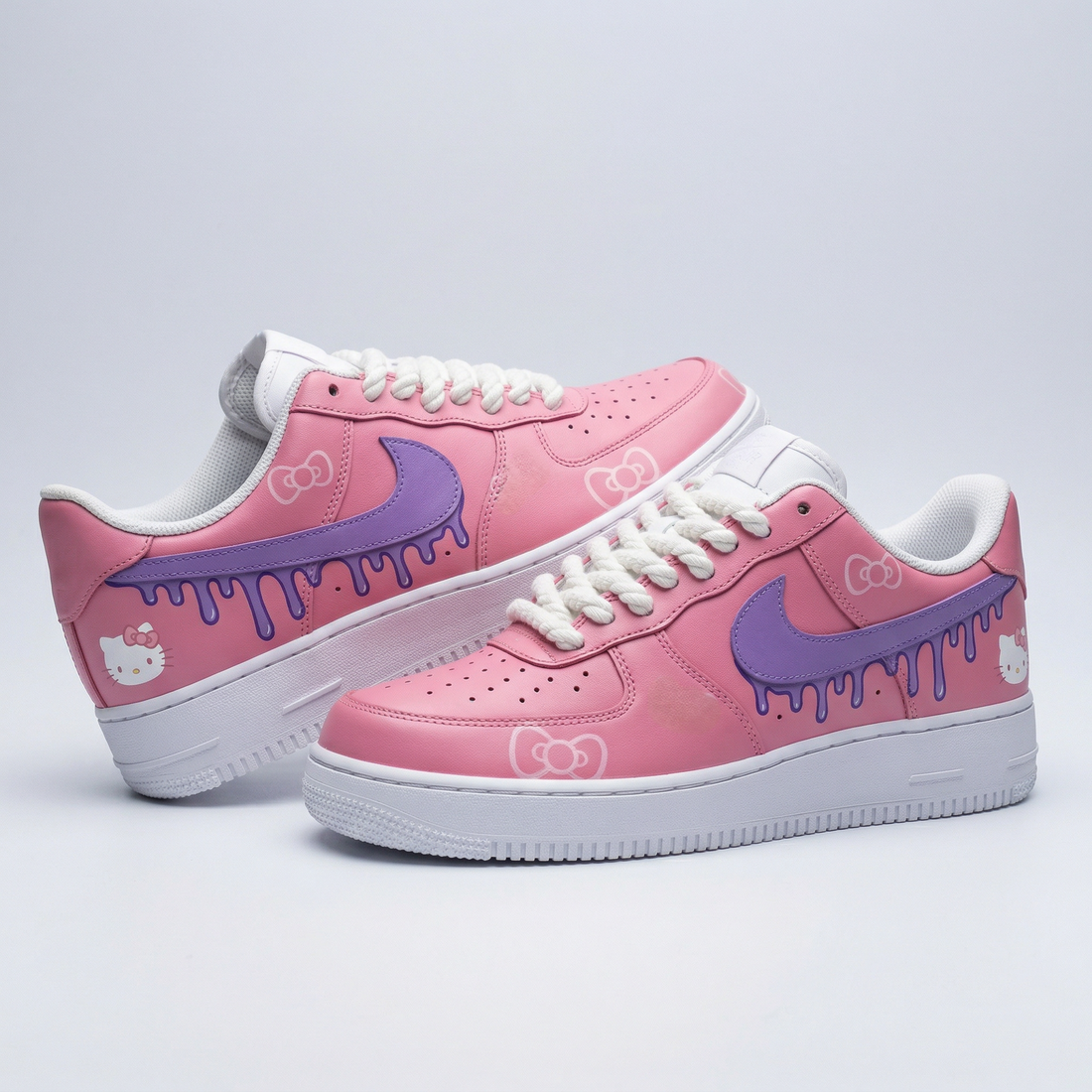 Custom AF 1s Shoes Hello Kitty Dripping Swoosh Bow Baby Pink Purple