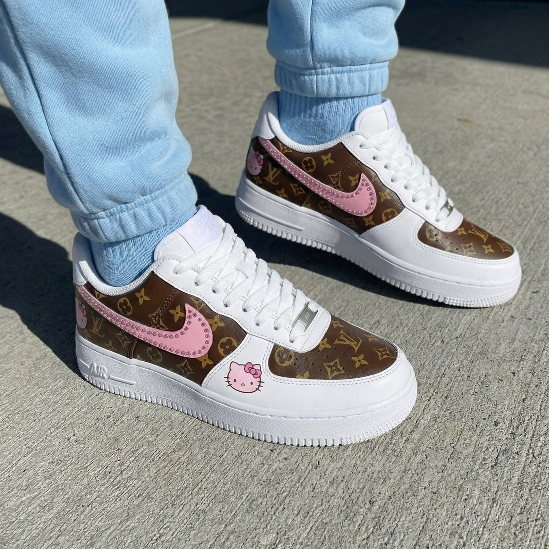 Custom AF 1s Shoes Hello Kitty LV Logo Baby Pink Brown
