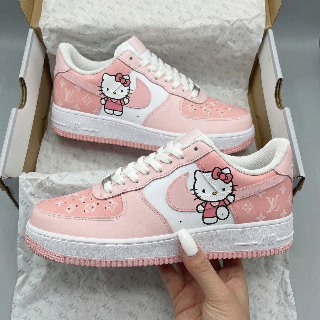 Custom AF 1s Shoes Hello Kitty LV Logo Baby Pink