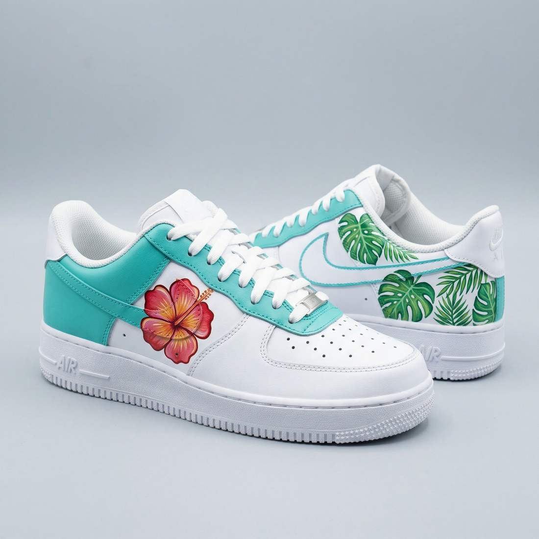 Custom AF 1s Shoes Hibiscus Flower Monstera Palm Leaves Teal Green