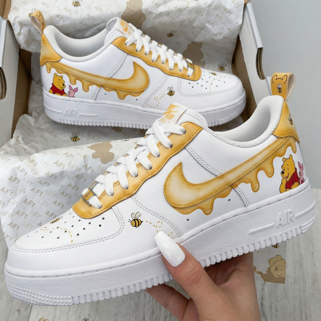 Custom AF 1s Shoes Honey Drip Bees Winnie The Pooh Yellow White