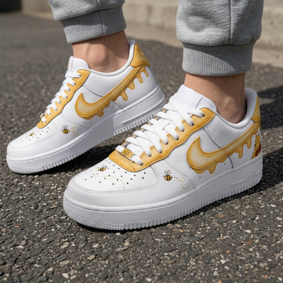 Custom AF 1s Shoes Honey Drip Bees Winnie The Pooh Yellow White